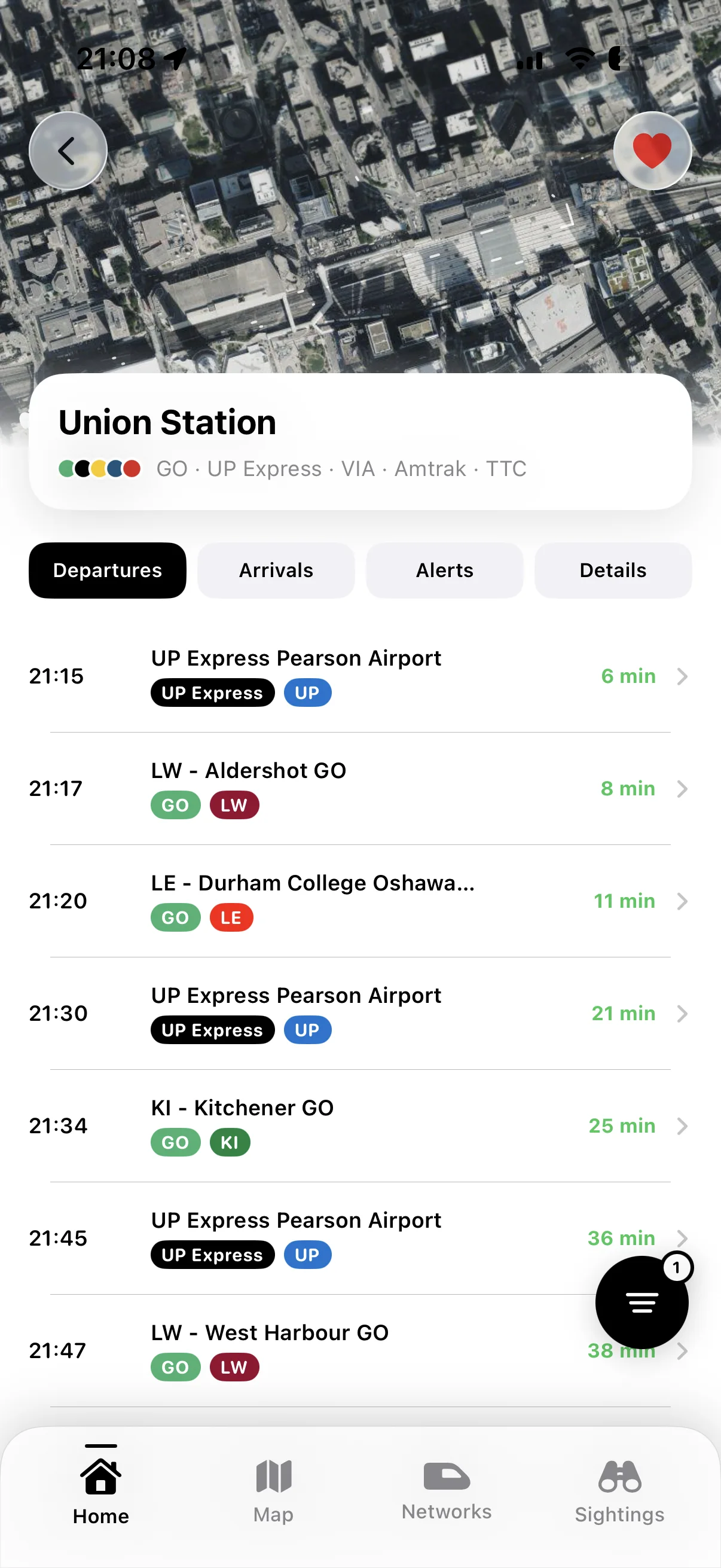 Live departures from Union Station in the trains.fyi app